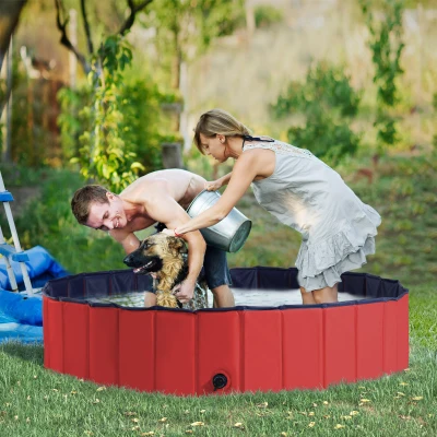 PawHut Foldable Dog Paddling Pool Pet Cat Swimming Pool Indoor/Outdoor Collapsible Summer Bathing Tub Shower Tub Puppy Washer (Φ140 x 30H (cm), Red)