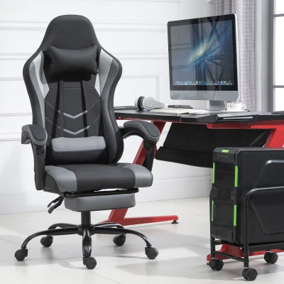 Vinsetto Racing Gaming Chair Faux Leather with Wheels, Armrest, Retractable Footrest, Removable Pillow Home Office,  Black