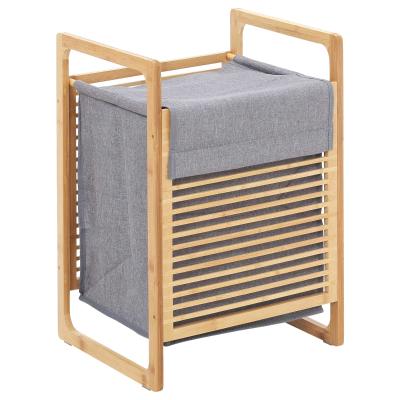 HOMCOM Wäschekorb Wäschebox Wäschesammler mit waschbarem Wäschesack Deckel Wäschesack Tuchsack Bambus leinenartiges Polyester Natur+Grau 40 x 35 x 60,5 cm
