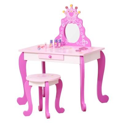 HOMCOM Coiffeuse enfant design princesse - tabouret inclus - tiroir, miroir - MDF rose
