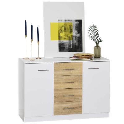 HOMCOM Buffet commode meuble de rangement 4 tiroirs coulissants 2 placards avec étagère blanc chêne clair