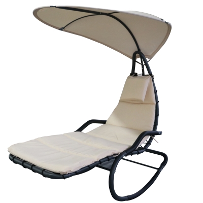 Outsunny Bain de soleil transat à bascule design contemporain avec pare-soleil et matelas 1,65L x 1,25l x 1,84H m acier époxy noir polyester beige