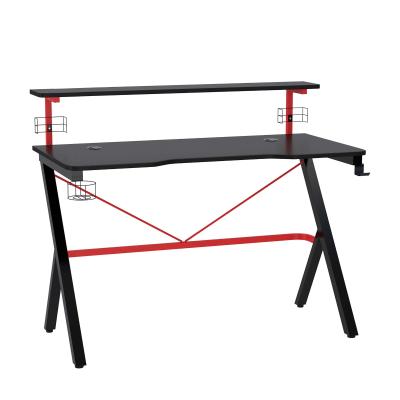Bureau gaming avec brackets grand plateau étagère écran châssis métal rouge noir