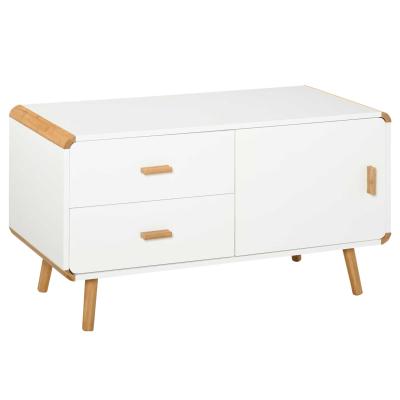 Meuble TV bas sur pieds style scandinave 2 tiroirs et placard blanc bois massif bambou