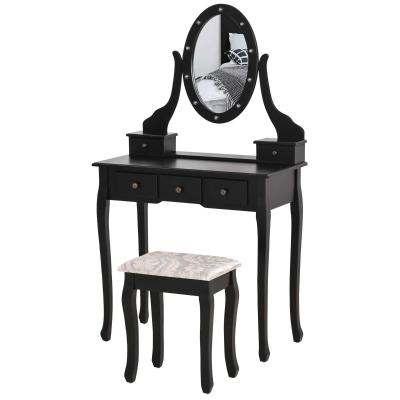 HOMCOM Coiffeuse et tabouret style baroque 5 tiroirs et miroir ovale LED pivotant noir