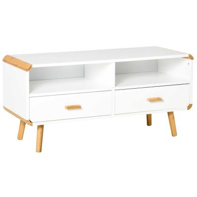 Meuble TV bas sur pieds style scandinave 2 niches 2 tiroirs MDF blanc bois massif bambou