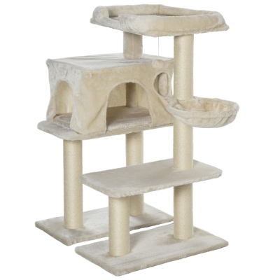 PawHut Arbre à Chats avec Griffoir Niche Colonnes Renforcées Peluche Courte Beige