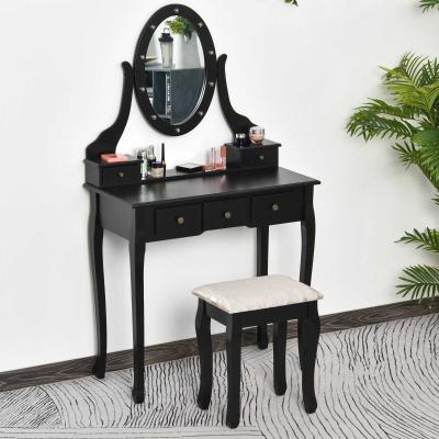 Coiffeuse et tabouret style baroque 5 tiroirs et miroir ovale LED pivotant noir