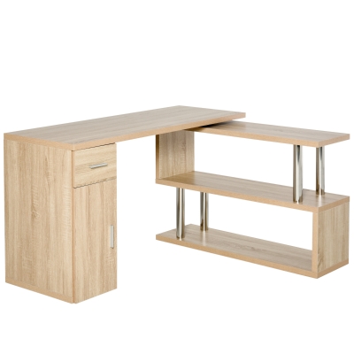 HOMCOM Bureau informatique bureau d'angle avec rangement table angulaire avec étagères, placard, tiroir aspect chêne clair