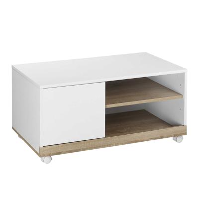 Meuble TV sur roulettes - 2 niches + placard porte 2 passe-fil - blanc chêne clair