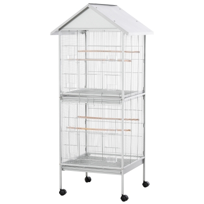 PawHut Volière cage à oiseaux sur roulettes design maison métal blanc