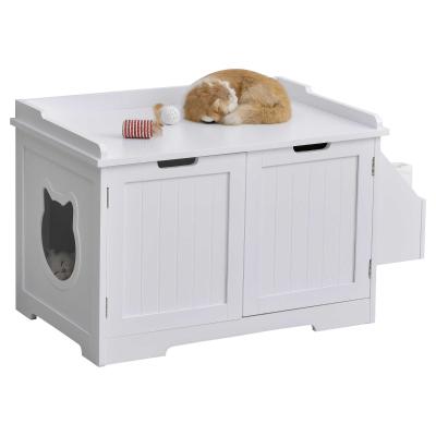 PawHut Maison de toilette pour chat entrée tête chat 2 portes rangement latéral blanc