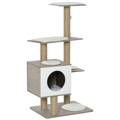 PawHut Arbre à chats design contemporain hêtre gris blanc