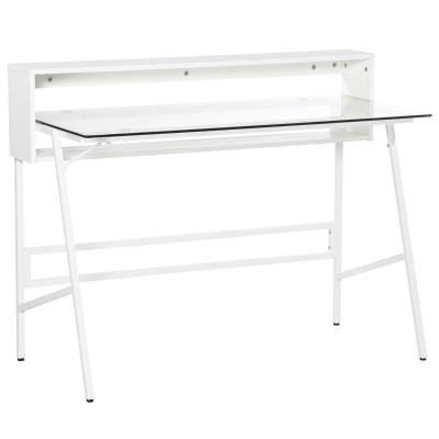 HOMCOM Bureau informatique bureau secrétaire en verre multimédia contemporain 2 étagères arrières cadre en métal blanc