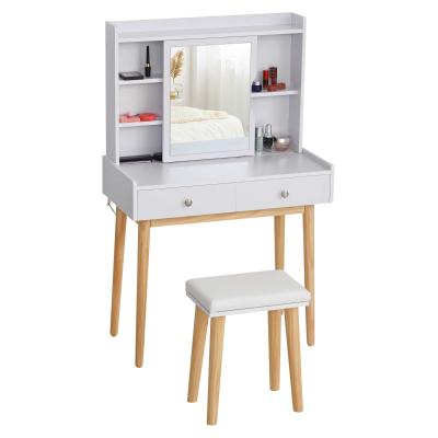 HOMCOM Coiffeuse design scandinave multi-rangements miroir coulissant tabouret blanc pin clair