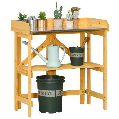 Outsunny Table de rempotage pliable - table de jardinage avec étagère plateau acier galvanisé avec rebord - table de plantation bois sapin pré-huilé