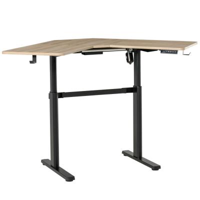 Bureau d'angle assis debout électrique alu. noir aspect chêne clair