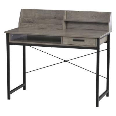 HOMCOM Bureau secrétaire style industriel tiroir, compartiment, 3 étagères métal noir aspect bois gris