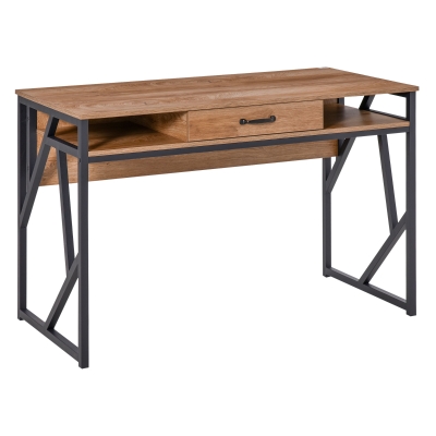 Bureau style industriel 2 niches tiroir métal noir plateau aspect bois noyer
