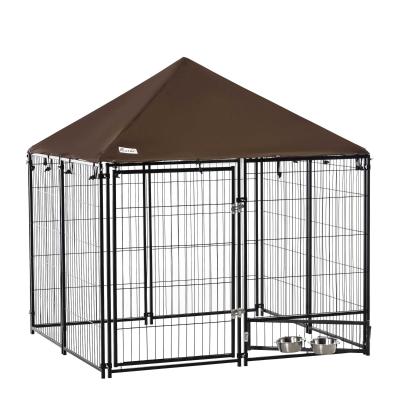 PawHut Parque para Perros con Toldo Perrera Metálica de Exterior con Soporte Giratorio para Comida 2 Cuencos Incluidos y Cerradura para Mascotas Jardín 141x141x121 cm Negro