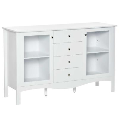 HOMCOM Aparador de Cocina Armario Buffet con 2 Puertas de Vidrio Estante Ajustable Interior y 4 Cajones Mueble Auxiliar para Comedor Salón 136x45x85 cm Blanco