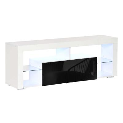 HOMCOM Mueble de TV para Salón con Iluminación LED 6 Modos de Colores Mando a Distancia Cajón y Estantes de Cristal Ajustables 140x35x52 cm Negro y Blanco Brillante