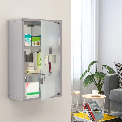 HOMCOM 3 Tier Stainless Steel Wall Mounted Medicine Cabinet Glass Lockable Door Storage Shelves Houseware Bathroom Furniture w/2 Keys