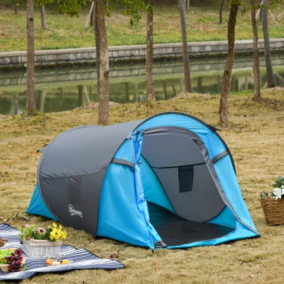 Outsunny 1-2 Person Pop-up Camping Tent 3 Seasons Tent Waterproof w/ 2 Mesh Windows D-shape Door Portable Carry Bag for Outdoor Trip Blue