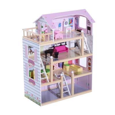 HOMCOM Deluxe Wooden Kids Doll House with 13 Piece Furnitures Cottage Children Girls Dollhouse Entertainment Imagination Toy Game