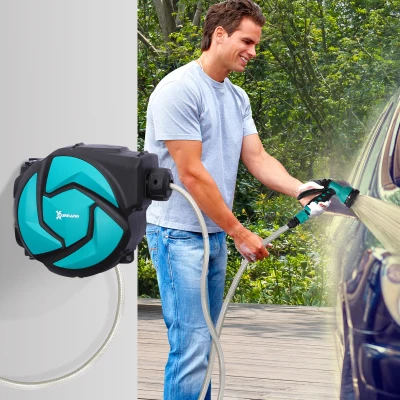 DURHAND 10m Garden Auto Hose Reel Wall Mounted Retractable 7 Patterns Spray Nozzle