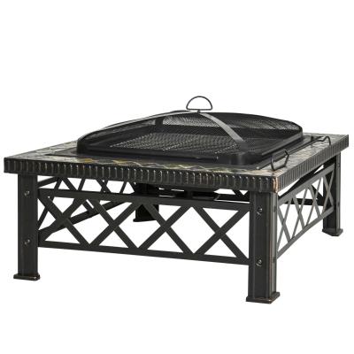 Outsunny 3 in 1 Square Fire Pit Metal Brazier Ice Bucket for Garden, Patio with BBQ Grill Shelf, Spark Screen Cover, Grate, Poker, 76 x 76 x 47cm