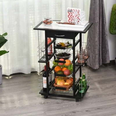 HOMCOM 4-Tier Kitchen Trolley Cart on Rolling Wheels with 4 Removable Baskets, 4 Side Rack  Organizer,Ceramics Tile Top