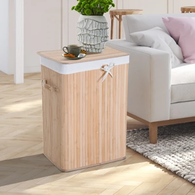 HOMCOM 70L Collapsible Bamboo Laundry Hamper Organizer Clothes Washing Basket Bin Storage Box w/ Lid Removable Lining 40x30x60cm