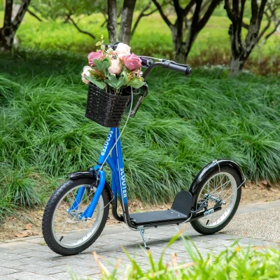 HOMCOM Kids Kick Scooter Teen Ride On Children Scooter with Adjustable Handlebar 2 Brakes Basket Cupholder Mudguard 16" Inflatable Rubber Tyres for 5-12 years old Blue