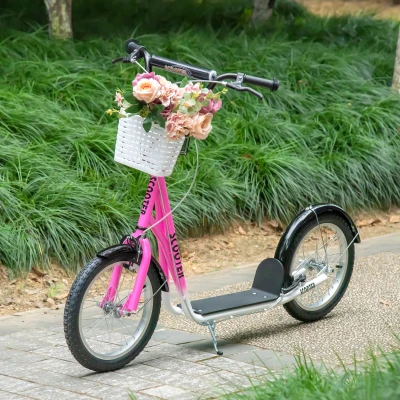 HOMCOM Kids Kick Scooter Teen Ride On Children Scooter with Adjustable Handlebar 2 Brakes Basket Cupholder Mudguard 16" Inflatable Rubber Tyres for 5-12 years old Pink