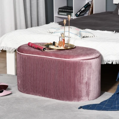 HOMCOM Rectangle Storage Ottoman Mid-century Modern Bench Stool Velvet Footrest Bedroom Living Room Furniture,Pink
