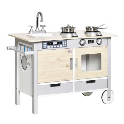HOMCOM Kids Kitchen Play Cooking Toy Set, Educational Pretend Role Playset Game with Wheels, Sink, Cooking Bench, Drawers, for 3-5 Years Old, Nature Wood