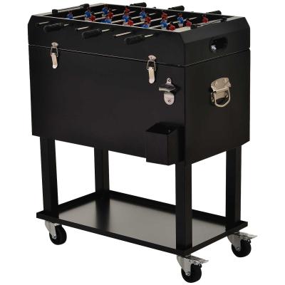 Outsunny 65L Patio Cooler Ice Chest with Foosball Table Top, Portable Poolside Party Bar Cold Drink Rolling Cart on Wheels with Tray Shelf