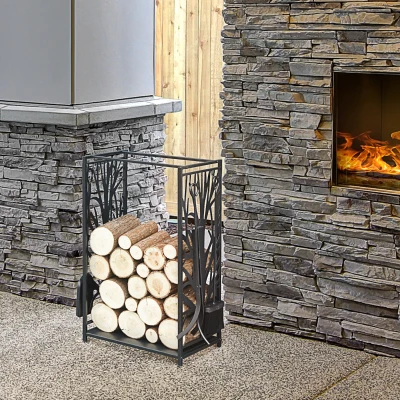 HOMCOM Steel Firewood Log Holder Indoor Outdoor Firewood Rack Fireplace Wood Storage Shelf with 4 Tools, Hooks, Tree Pattern Design, Rust-Resistant, Black, 46W x 30D x 70H cm