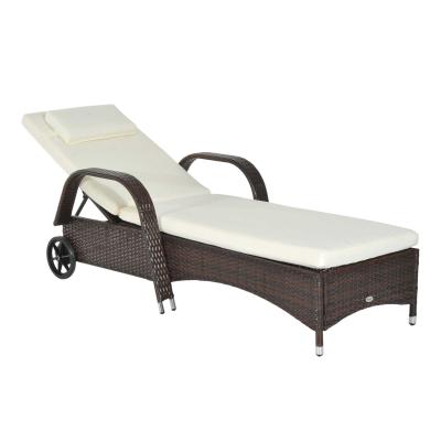 Outsunny Garden Rattan Furniture Single Sun Lounger Recliner Bed Reclining Chair Patio Outdoor Wicker Weave Adjustable Headrest with Fire Retardant Cushion - Brown