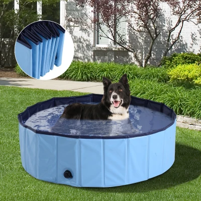 PawHut Piscina Dobrável para Cães Ø100x30 cm Banheira Portátil para Animais de Estimação Antiderrapante PVC Multiusos Cor Azul
