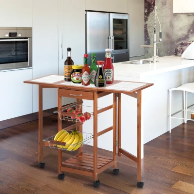 HOMCOM Carrinho de cozinha Serviço Auxiliar de Madeira De metal cromado 6 rodas 91x37x75 cm