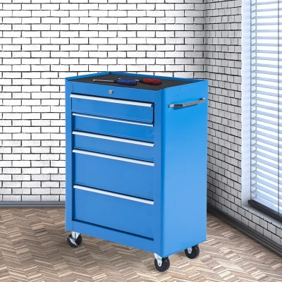 HOMCOM Carrinho de Ferramentas para Oficina com Rodas e 5 Gavetas Fechadura e Alça Lateral 61,5x33x85 cm Azul
