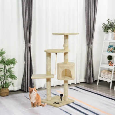 PawHut Árvore Arranhador para Gatos com 4 Níveis Poste de Sisal Caverna Plataformas e Brinquedos Divertidos 75x40x112 cm Bege