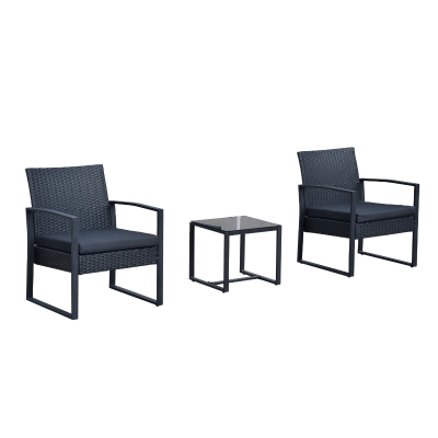 Outsunny Conjunto de Jardim de Vime 3 Peças 1 Mesa 42,5x40x39 cm 2 Poltronas 63x57x76 cm Almofada Acolchoada para Pátio Varanda Preto