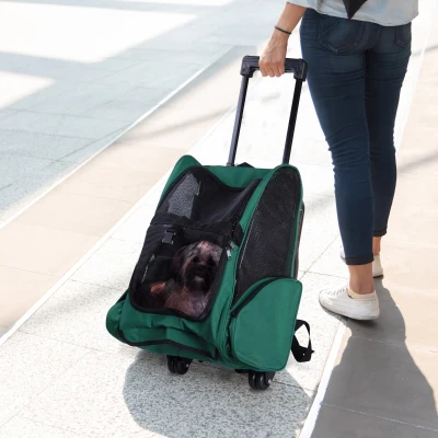 PawHut Transportadora 2 em 1 para Animais de Estimação Mochila ou Carrinho de Viagem para Cães e Gatos com 2 Rodas Alça Retrátil de Alumínio e Bolso de Armazenamento 42x25x55cm Verde