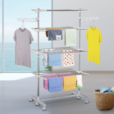 HOMCOM Estendal de Roupa Dobrável 80x55x172cm com 6 Rodas e 4 Prateleiras com Altura Ajustável de Aço Inoxidável Prateado