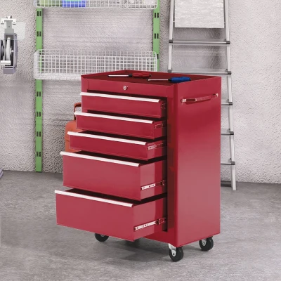 HOMCOM Carrinho de Ferramentas para Oficina com Rodas e 5 Gavetas Fechadura e Alça Lateral 61,5x33x85 cm Vermelho