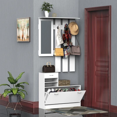 HOMCOM Móvel Cabide de Entrada de 3 Peças Armário de Entrada com Cabide Espelho Sapateira e Gaveta 90x10x102 cm Branco