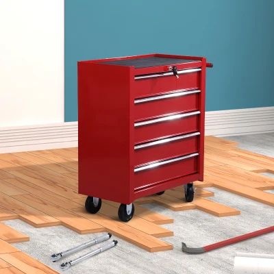 HOMCOM Carrinho de Ferramentas para Oficina com Rodas e 5 Gavetas Fechadura e Alça Lateral 67,5x33x77 cm Azul